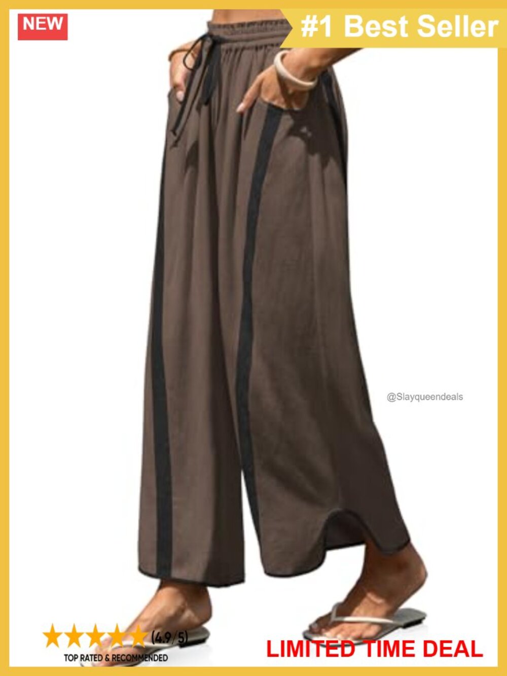 Womens Linen Wide Leg Palazzo Pants Drawstring Elastic Waist Casual